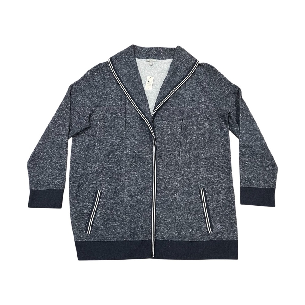 NEW T By Talbots Woman Open Front Fleece Cardigan Sweater Size X Navy/White Plus